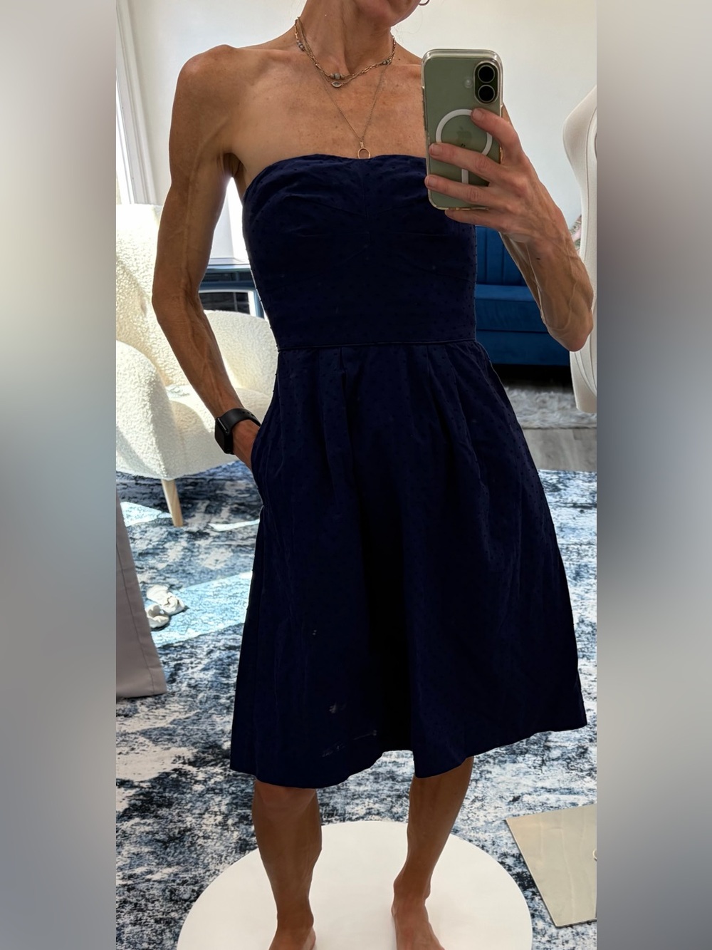 Navy J Crew cotton Swiss dot strapless dress, 00